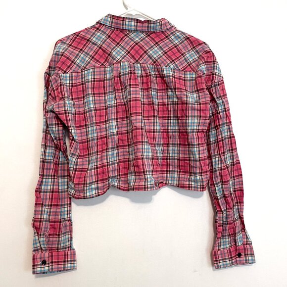 NEW NWT FASHION NOVA It’s a Plaid Time Flannel Top Pink Blue Cream Boxy Crop Top - Picture 13 of 15